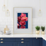 FINE ART PHOTOGRAPHIC Print of a beautiful orchid on blue background created in studio for home or office decor and design, wall art hanging