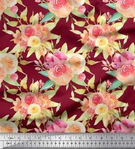 Soimoi Red Cotton Voile Fabric Leaves & Ranunculus Floral Print-cik