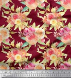Soimoi Red Cotton Voile Fabric Leaves & Ranunculus Floral Print-cik