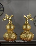 Brass Copper peony flower leaves  dragon phoenix Vase cucurbit Gourd Pair