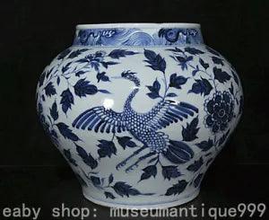 14.4" Ancient Chinese Blue White Porcelain Phoenix Peony Crock Flower pot Vessel