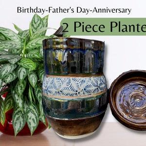 Planter W/ Dish & Drainage | Rustic | Deep Blue, Brown Glaze | Succulent, Orchid, Pothos, plantdecor, Cactus, Indoor Gardening Plant Lover