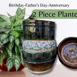 Planter W/ Dish & Drainage | Rustic | Deep Blue, Brown Glaze | Succulent, Orchid, Pothos, plantdecor, Cactus, Indoor Gardening Plant Lover