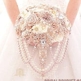Wedding bouquet Champagne rose gold brooch bouquet, ivory boutonniere corsage, bridesmaids.