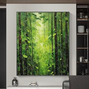 Abstract Green Forest Oil Painting on Canvas, Original Bamboo Painting, Custom Green Wall Art, Living room Home Decor, Modern Wall Art Decor
