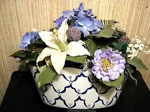 Large Silk Artificial Flower Arrangement "Blue Orchids, Lilies" in Ceramic Vase