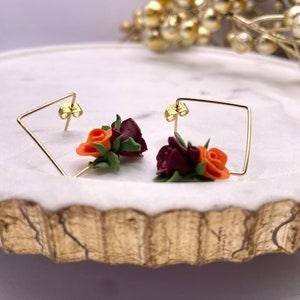 Gold Filled stud frames |floral clay earrings |handmade earrings| orange earrings |floral bouquet earrings|