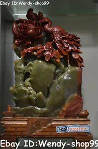14" Real 100% Natural Shoushan Stone Phoenix Fenghuang Bird Peony Flower Statue