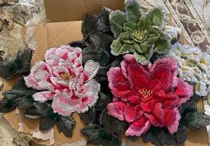 Pink Green Embroidered Peony Flower Leaves Sew Patches Applique Decoration Craft