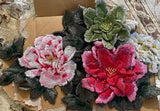 Pink Green Embroidered Peony Flower Leaves Sew Patches Applique Decoration Craft