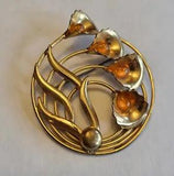 VTG Art Nouveau Style Gold Tone Brooch 4 Cala Lilys w/ Orange Color Center Round
