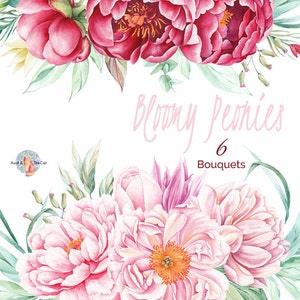 Watercolor Bloomy Peonies Bouquet Flowers Hand Painted, Floral, Peonies Wedding Invitation, Greeting Card, DIY Clip Art