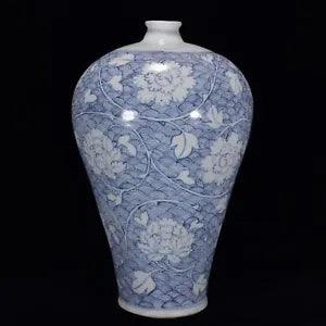 16.9" Chinese Porcelain yuan dynasty Blue white seawater peony flower Pulm Vase