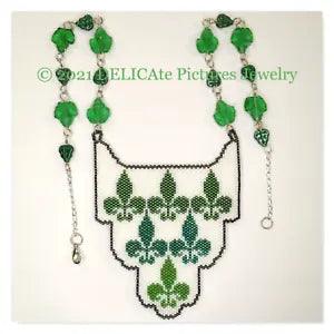FLEUR DE LIS FLORAL Necklace Miyuki Delica Beaded Peacock Green Emerald White