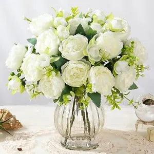 Artificial Peonies Silk Flowers in Glass Vase Faux Flowers Bouquets White