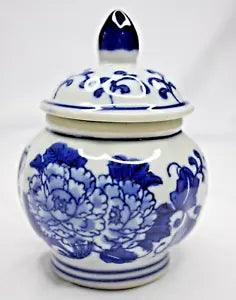 Blue White Porcelain Chinoiserie Ginger Jar Carnation Flower 4.75" Urn Vase Lid