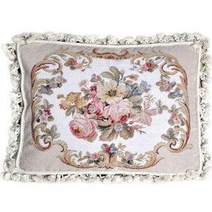 Petit Point Pillow Cover | Beige Wool Botanical Needlepoint Cushion Cover Rose Bouquet 16x20 for Chair Couch Sofa Bench Bed Window Seat