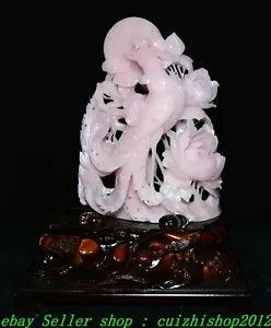 17" China Natural Pink Xiu Jade Carve Peony Flower Phoenix Bird Animal Statue
