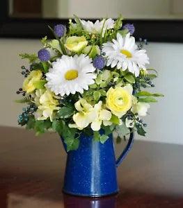 Vintage Blue Spatterware Enamel Coffee Pot with Silk Blue and Yellow Arrangement