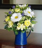 Vintage Blue Spatterware Enamel Coffee Pot with Silk Blue and Yellow Arrangement