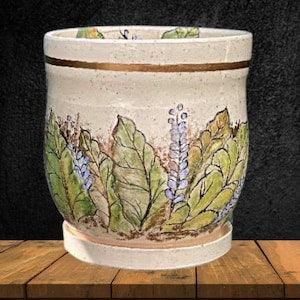 Hand Painted Leaves On Planter |Ceramic Handmade | Green, Blue, Brown Glazes Gold Gilding | Drainage Hole & Dish | Gardening,  Succulent