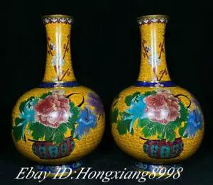 13.7" Qianlong Marked Old Copper Cloisonne Enamel Peony Flower Bottle Vase Pair