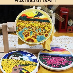 Landscape Embroidery Kit, DIY Sunflowers Needlework Embroidery Beginner Kit, Sunflower Sky Handcraft Needlework Gift, Home Decoration Kit