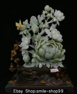 20" China Natural Xiu Jade Carving Feng Shui Peony Flower Bird Luck Sculpture