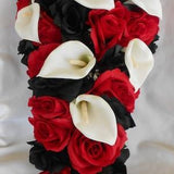 Black red and white cascade bridal bouquet callas and roses