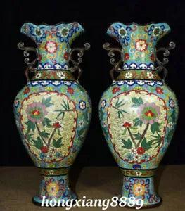 14" Old China Cloisonne Enamel Bronze Gild Peony Flower Handle Vase Bottle Pair
