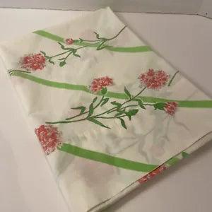Vintage Standard Size Pillowcase Pink Carnations Green Ribbon Detail Flowers