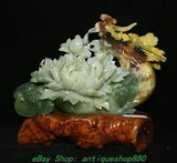 15'' China Natural Xiu Green Jade Hand Carved phoenix Bird Peony Flower Statue