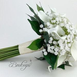 CHOOSE RIBBON COLOR - Real Touch Ivory Calla Lily and Baby??s Breath Bouquet, Bridesmaid, Flower Girl, Wedding Bouquet, Greenery