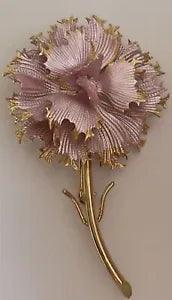 ??Vintage GoldTone Pink Flower Enameled Ruffled Petals Carnation Brooch Pin U08