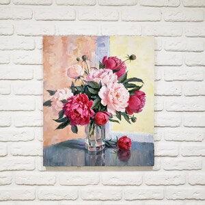 Peony bouquet painting, Pink peonies painting, Realism oil painting, Peony flowers art, Floral still life, floral canvas art, Peony picture