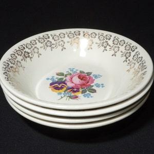 Set of 4 Vintage Golden Bouquet by Empire Porcelain berry bowl 5.5" 22k Gold flowers on rim floral center rose pansies Staffordshire