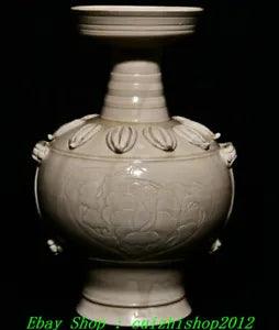 9" Old Chinese Song Dynasty Ding Kiln Porcelain Peony Flower Zun Vase Bottle