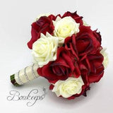 Choose Ribbon Color - Red and White / Ivory Rose Bouquet, Red Bridal Bouquet, Real Touch Bouquet, Bridal, December Wedding, Bling, Diamond