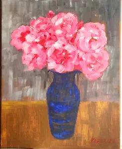 Peonies n a blue vase Oil original painting,  canvas. 50 cm x 40 cm, sign 2023