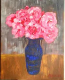 Peonies n a blue vase Oil original painting,  canvas. 50 cm x 40 cm, sign 2023