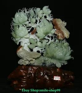 16" China Fine Natural Xiu Jade Fengshui Orchid Peony Flower Bird Animal Statue