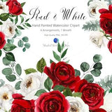 Red and White Roses Bouquets, Hand Painted Watercolor Clipart Set, Printable wedding graphics.