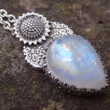 925 - Sunflower, Rainbow Moonstone Necklace, Sterling Silver Natural Moonstone Sunflower Statement Pendant, Handmade Botanical Bohemian