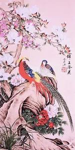 STUNNING ORIGINAL ASIA ART CHINESE WATERCOLOR PAINTING-Golden birds&Peony flower