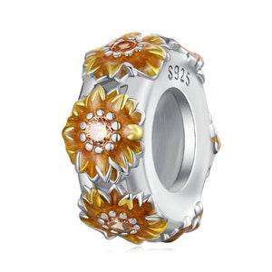 Charms fit bracelet, Sunflower Bead Charm, 925 Sterling Silver, Enamel