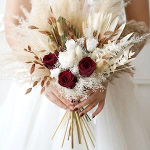Burgundy Red Rose Pampas Grass wedding bouquet Dried Bridal bouquet /Dry Flower Wedding,Rustic Boho Brides,Bridesmaid bouquet,Dried bouquet