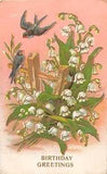Swallows by Lovely Lily of the Valley on a Fence - 1909 Birthday Postcard