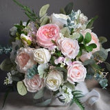 Blush White Wedding Bouquet, Faux Pink Flowers Bouquet, Pink Peony Bouquet, Lamb's ears, Boho Bridal Bouquet, Eucalyptus