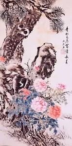 100% ORIENTAL ASIAN ART CHINESE WATERCOLOR PAINTING-Peony flower&Pine tree