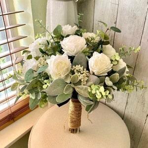 White Rose Wedding bouquet Boho style, premium realistic white rose & greenery bridal bouquet, classic sage eucalyptus bridesmaids flowers